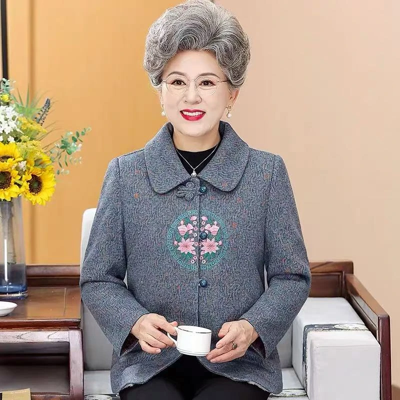 7997-秋装新款上衣老太太花色外套老人宽松妈妈长袖加厚