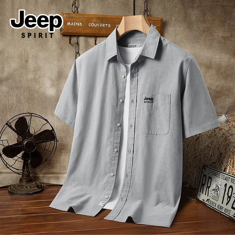 吉普男士夏季纯棉宽松衬衣纯色大码男款商务半袖t恤休闲百搭寸衫