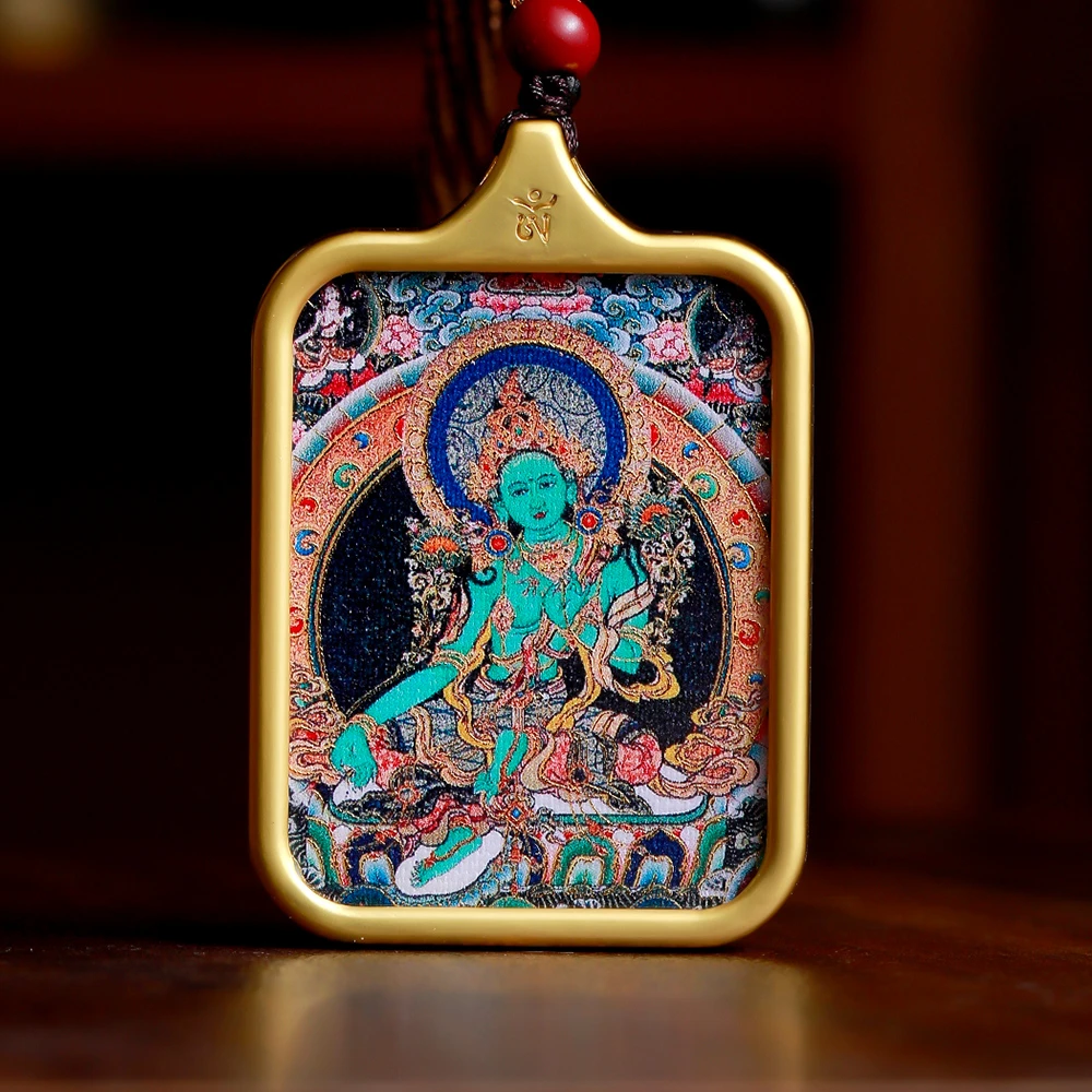 绿度母唐卡摆件钛钢合金吊锥手工编织五彩摆件彩色九华山描金