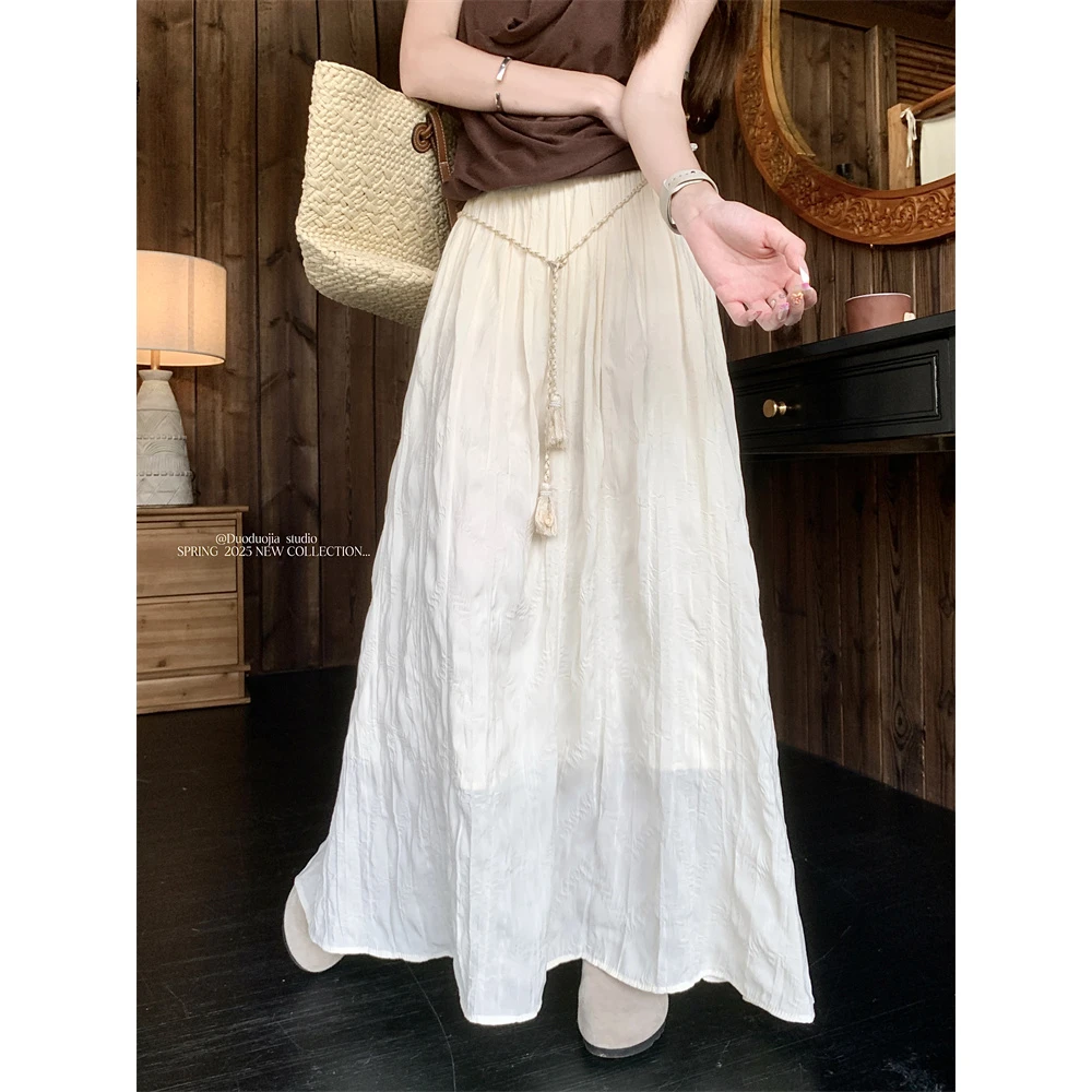 高腰a字压褶半身裙女温柔度假风宽松显瘦中长裙女送腰绳气质白色