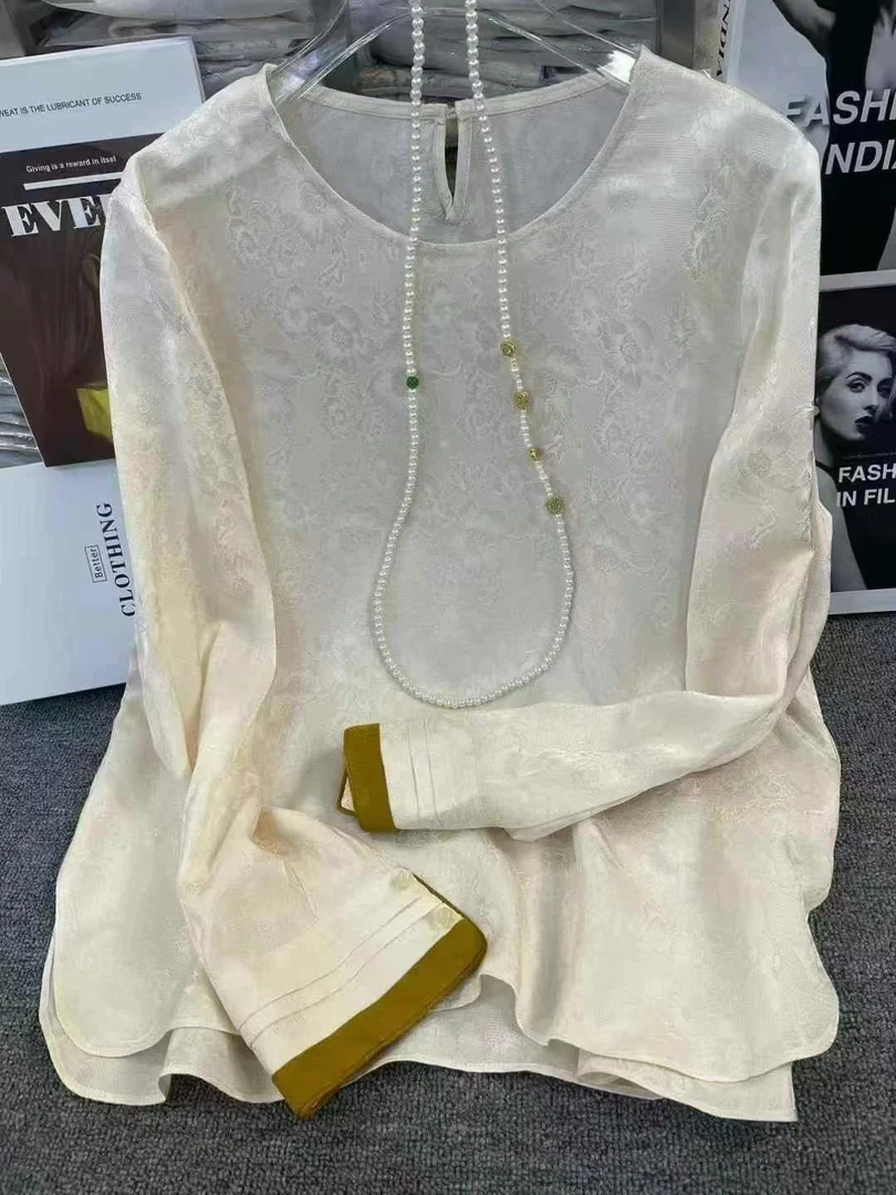 新中式国风人丝提花衬衫上衣女2025早春季简约宽松唐装长袖上衣