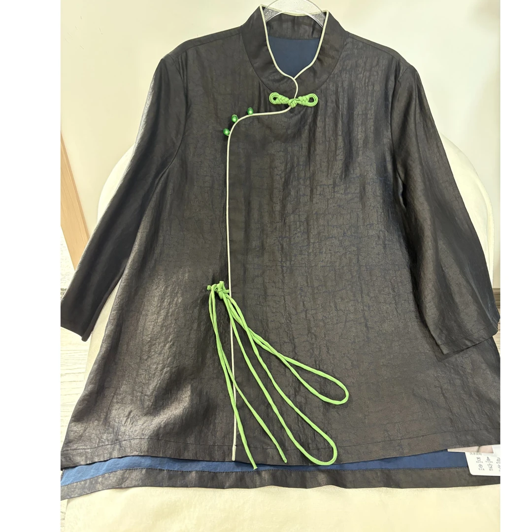 龟裂纹中国风常规纯色宽松型休闲风复古斜襟中长款黑色上衣长袖