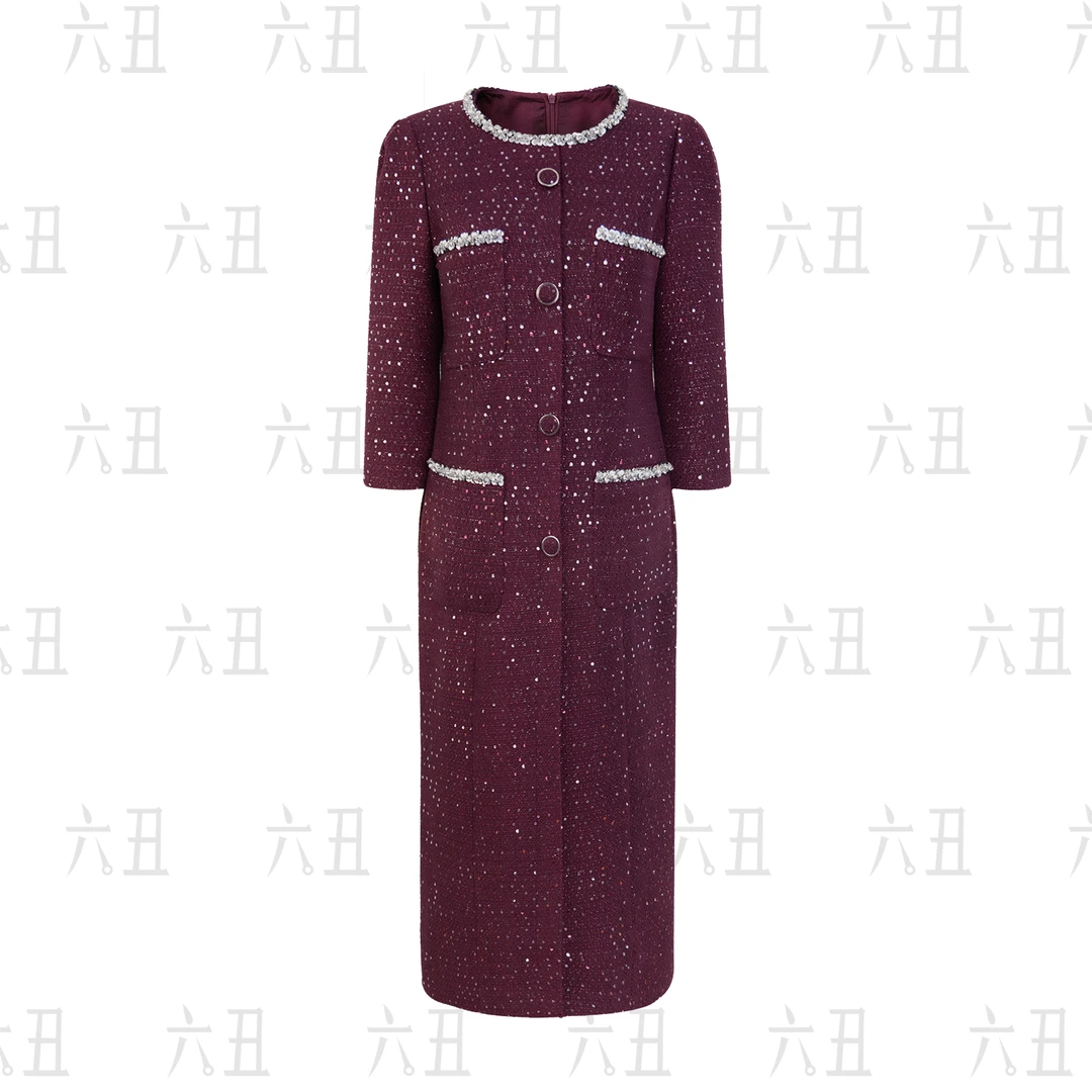 【六丑】新款秋冬优雅气质粗花呢钉钻亮片小香风连衣裙411LYQ0664