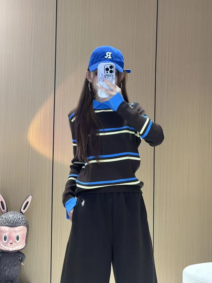 XX890 条纹翻领针织衫女秋冬新款长袖毛衣袖口开叉时尚百搭上衣
