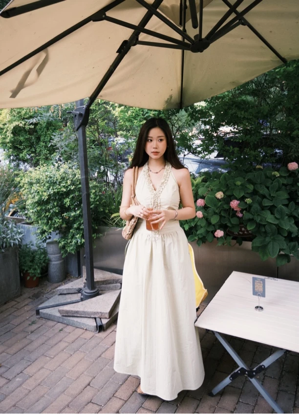 无袖春季印花拉链夏季V领连衣裙常规刺绣中长裙