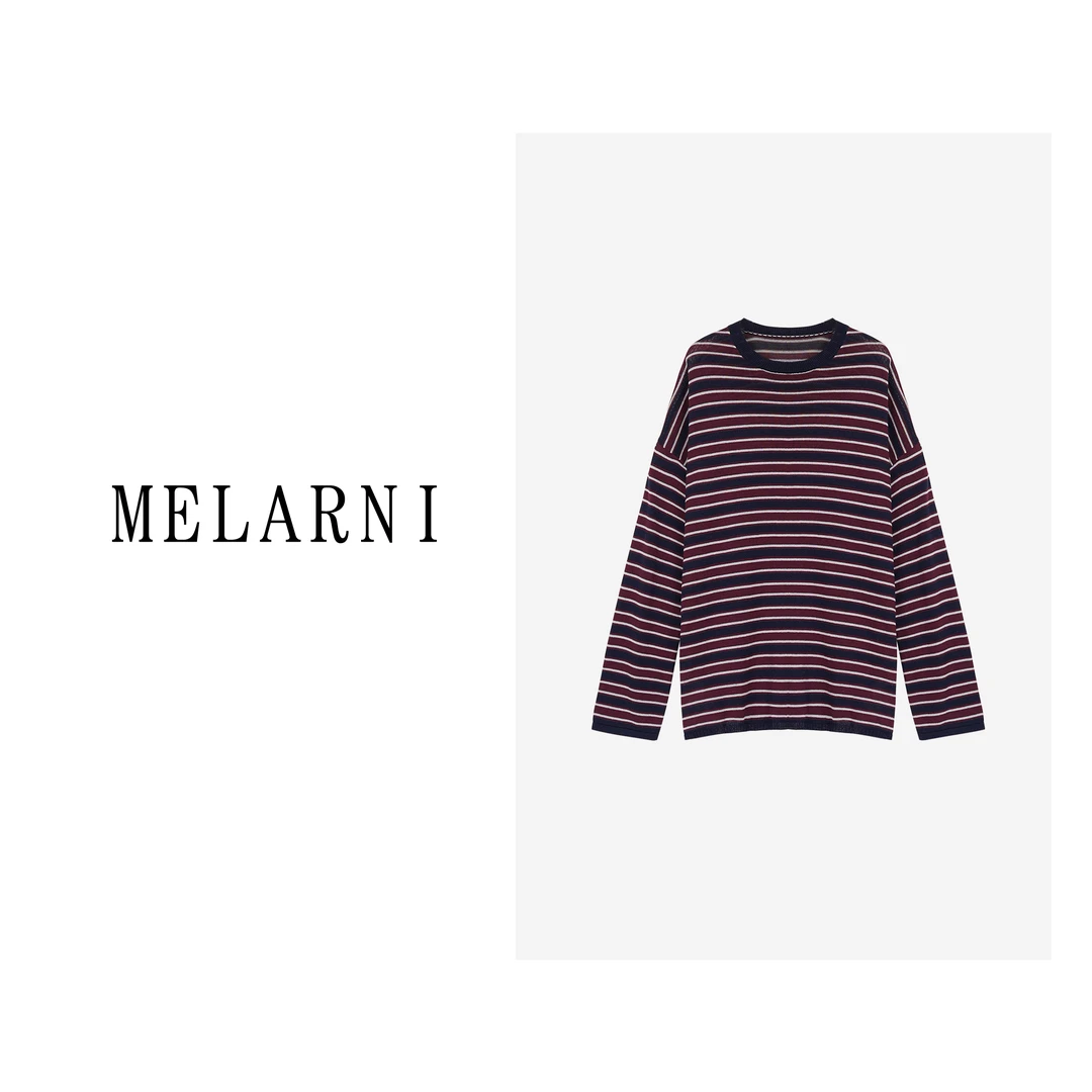 【MELARNI】圆领长袖针织时尚休闲百搭女士宽松条纹MLN11672