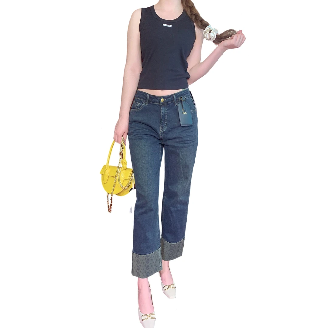 蓝色裤脚翻边牛仔裤直筒裤331079