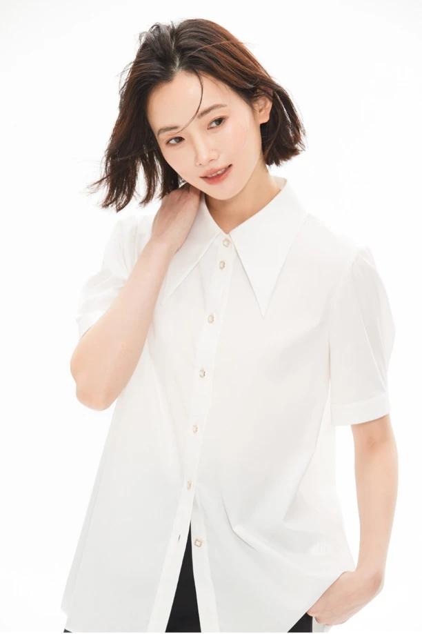 通勤宽松尖领夏季衬衫简约直筒型春夏翻领短袖秋季
