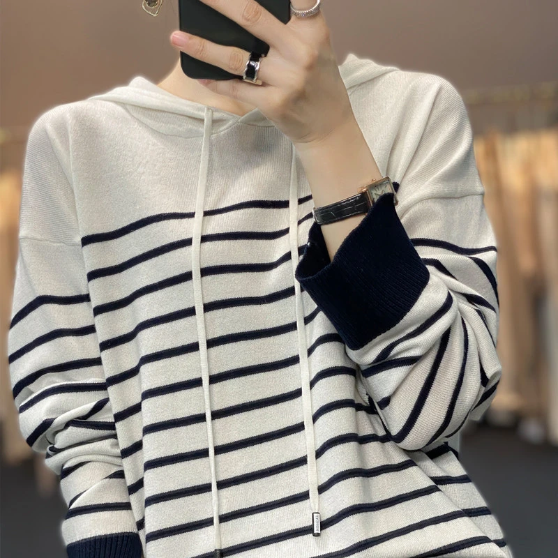 春季新款女装蓝白条纹仿羊毛衫连帽卫衣时尚双股针织衫上衣经典款