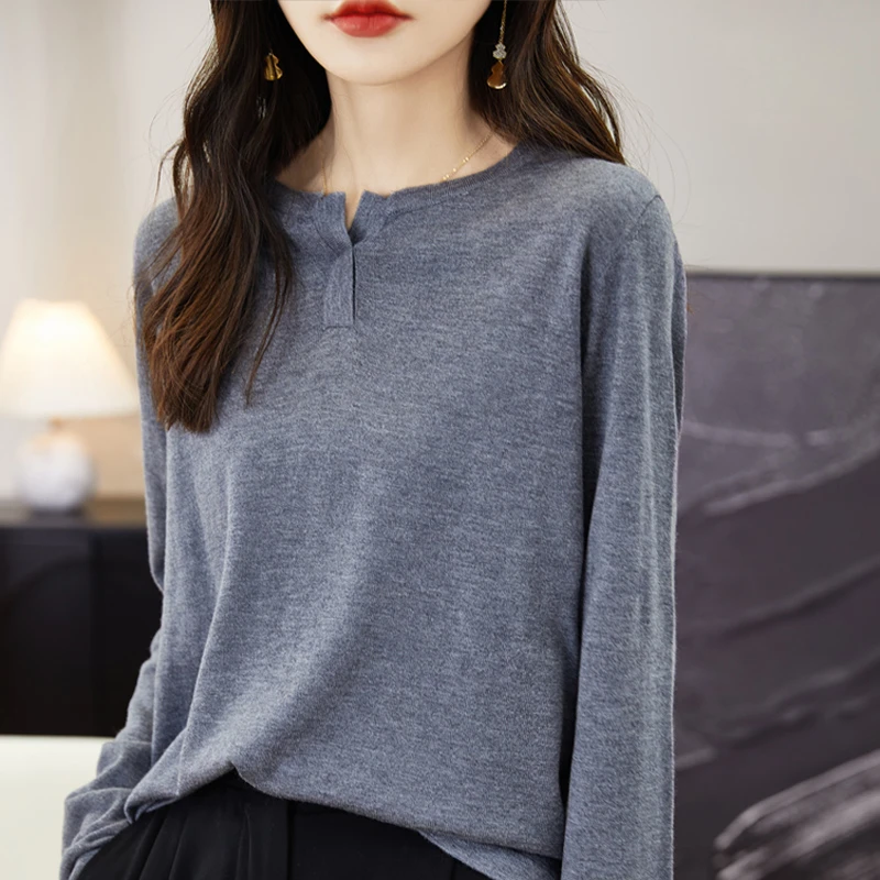 春季新款精纺超细羊毛衫女圆领纯色百搭宽松减龄薄款针织打底衫
