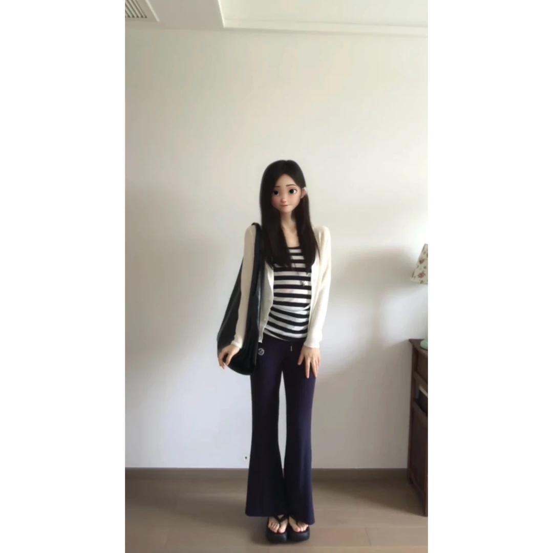 日常休闲风黑白条纹上衣白色开衫搭配藏蓝色喇叭裤时尚休闲通勤