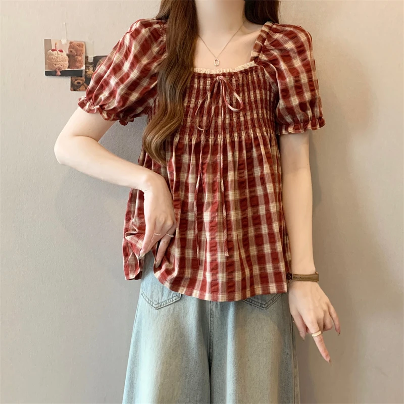 2025大码法式复古格子短款方领衬衫女夏季胖MM设计感衬衣短袖女