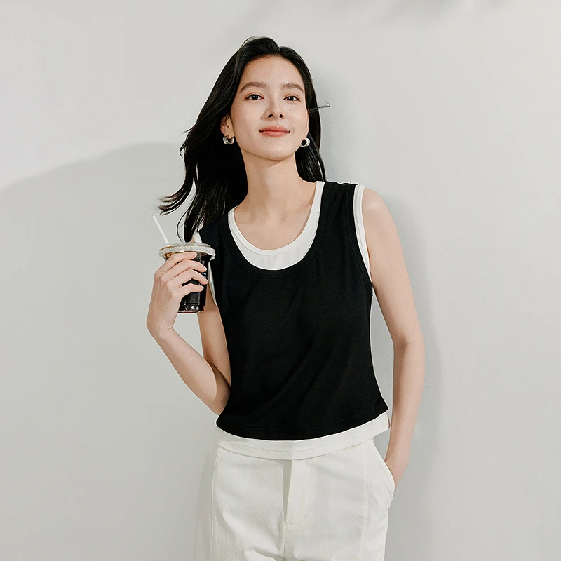 茵曼夏季简约百搭撞色假两件背心设计感内搭无袖上衣W18525643