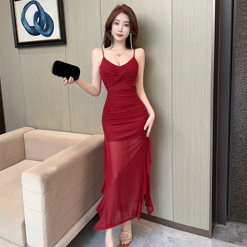 时尚气质网纱性感包臀长裙开叉收腰显瘦吊带连衣裙名媛夜场工作服