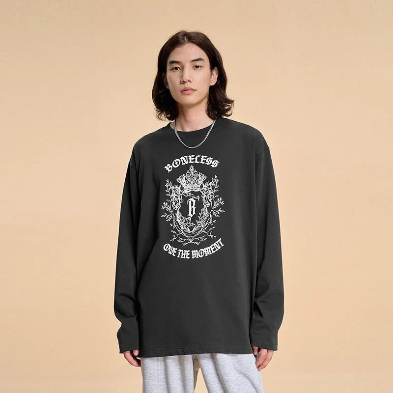 BONELESS花卉圆环字母长袖秋季纯棉宽松圆领T恤休闲上衣打底衫