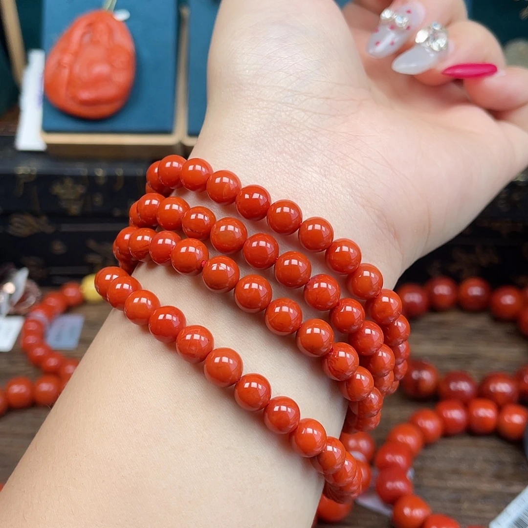 南红玛瑙未镶嵌手串瓦西满肉柿子锦卡7mm+佛珠