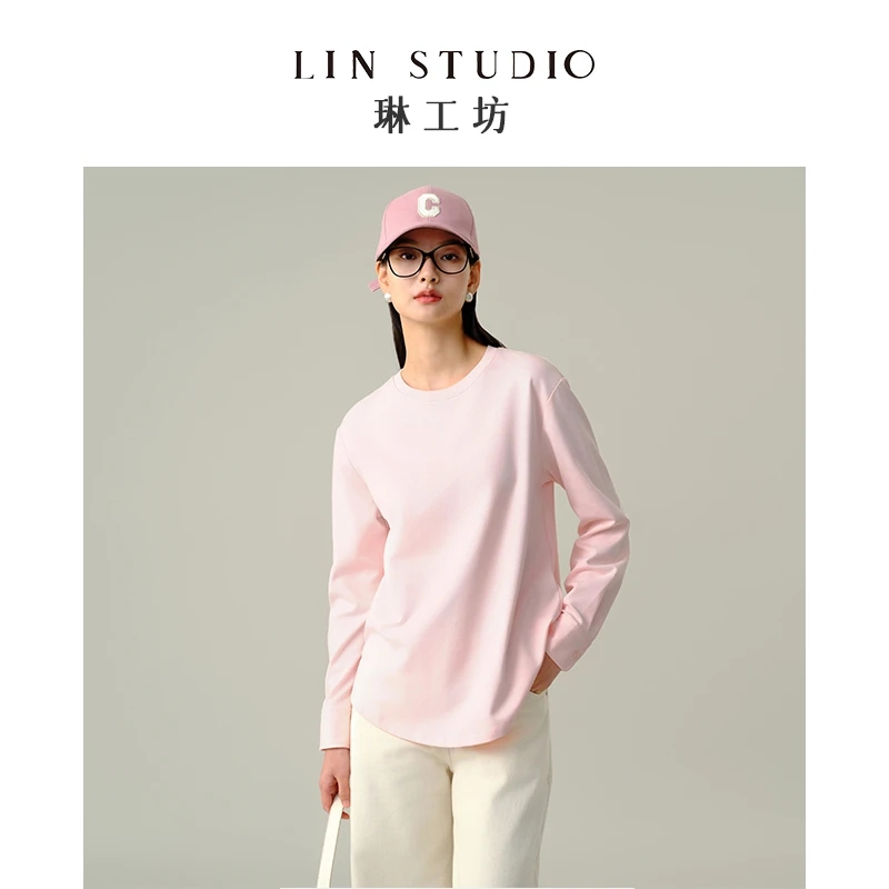 【棉】琳工坊“觅安”粉色T恤宽松百搭圆领休闲通勤时尚唐琳设计师