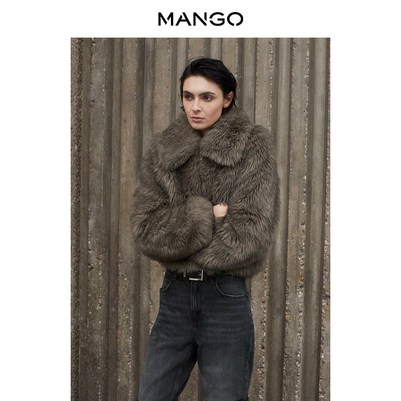 MANGO女装短外套2025冬装新款复古时髦翻领仿毛皮短款保暖外套