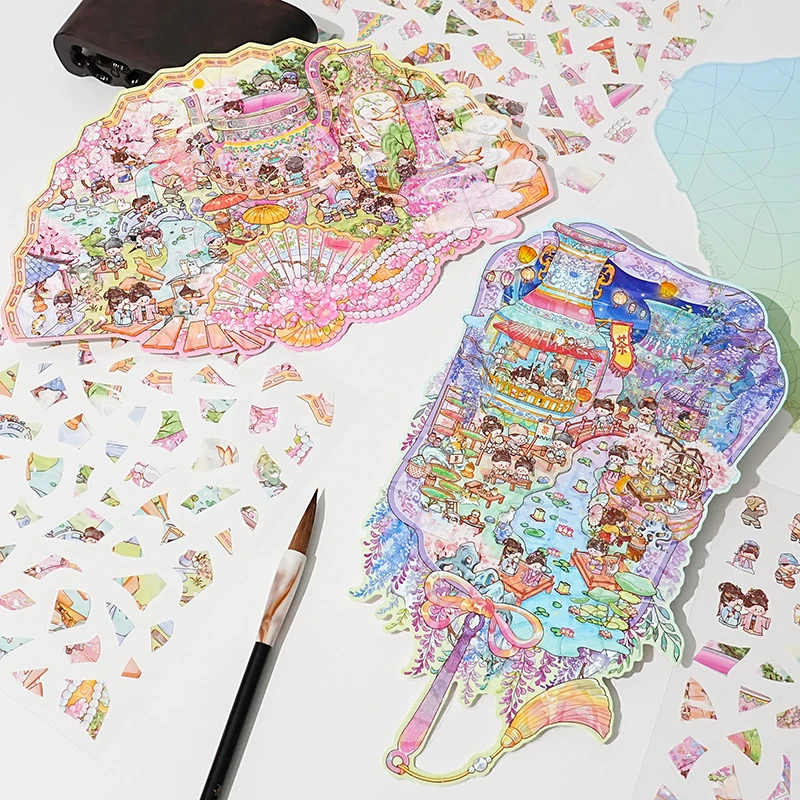 子亦新款彩瓷拼贴文物修复扇面修复瓷器小镇古风拼图元素丰富无毒