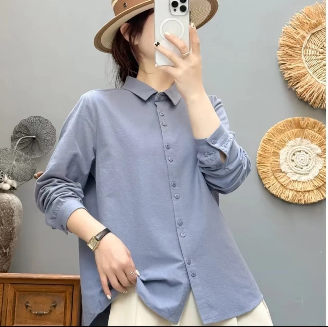 【纯棉】秋季纯色宽松长袖磨毛拼接衬衫衬衣翻领时尚减龄百搭