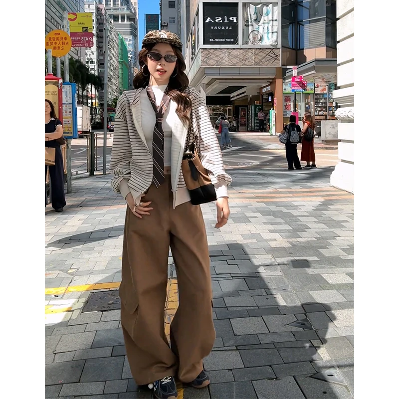 2025早秋新款韩系穿搭宽松条纹连帽长袖开衫气质高腰显瘦阔腿长裤