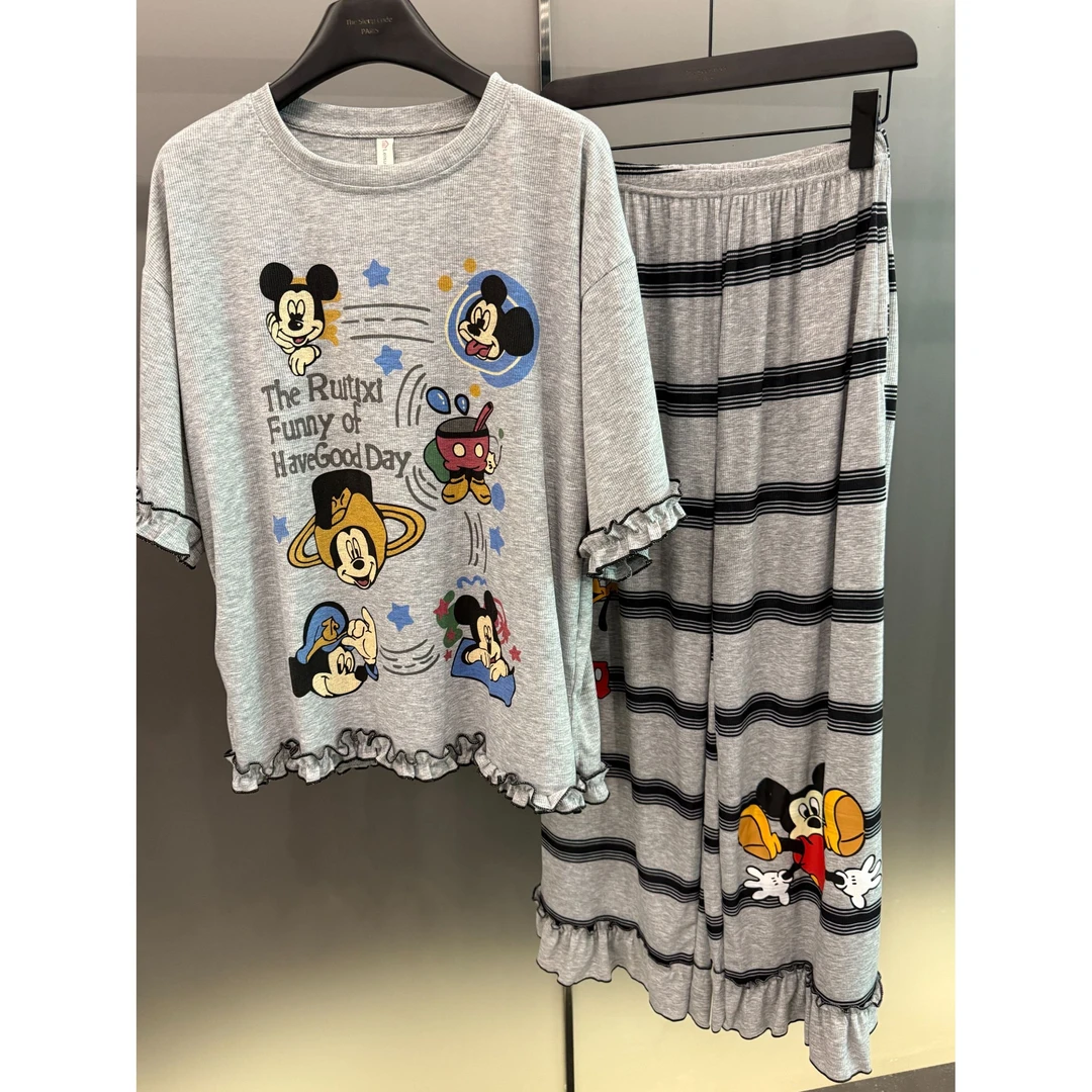 【咖啡米奇】卡通印花短袖睡衣女夏季新款家居服休闲长裤可外穿