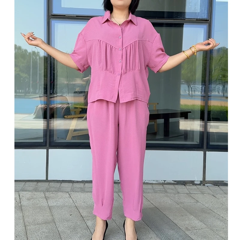 【9042】2025年夏季网红爆款水晶麻polo领时尚洋气显瘦遮肉妈妈套装