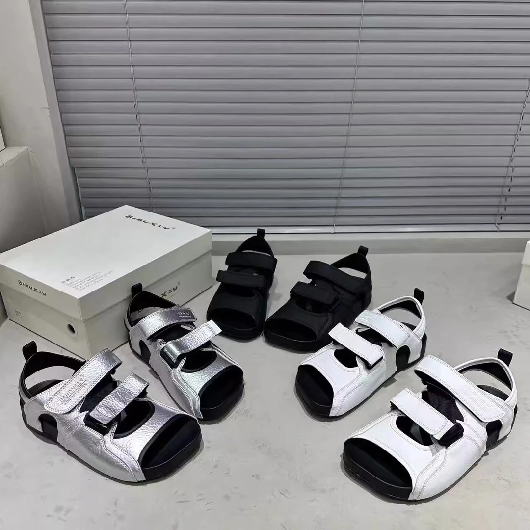 2025新款夏季外穿平底镂空透气薄款魔术贴登山鞋一字沙滩凉鞋女鞋