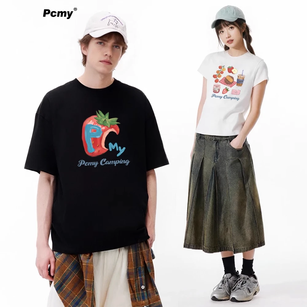 PCMY美味草莓字母短袖T恤女2025夏季新款圆领百搭上衣宽松情侣装