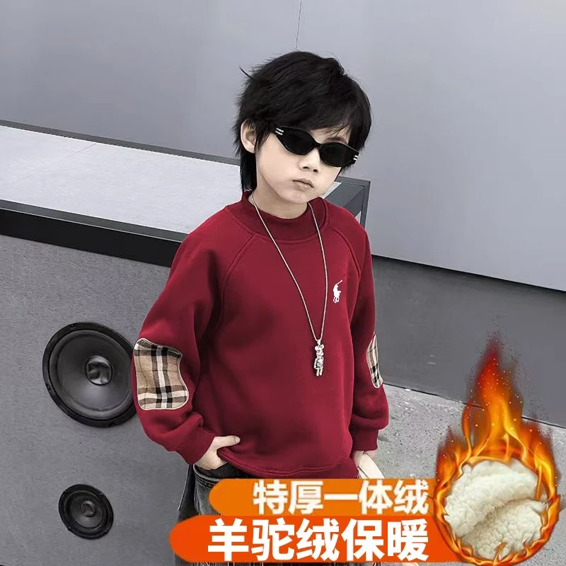冬季儿童加厚卫衣新款中大童一体绒刺绣洋气上衣男童冬款保暖打底