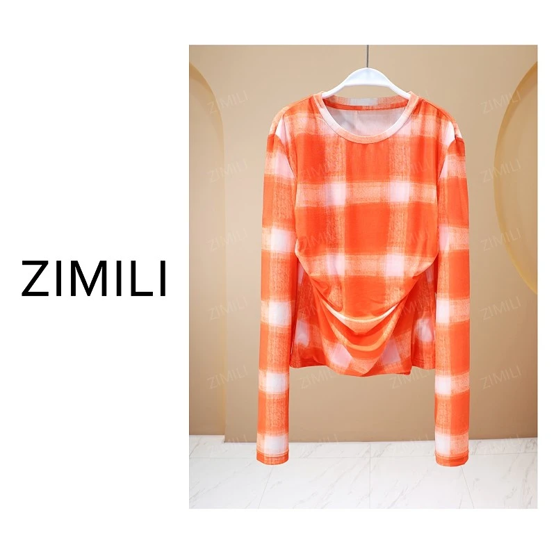【亮哥女装】2025冬季新品橘红色拼白格子高弹显瘦网纱上衣26395-K7
