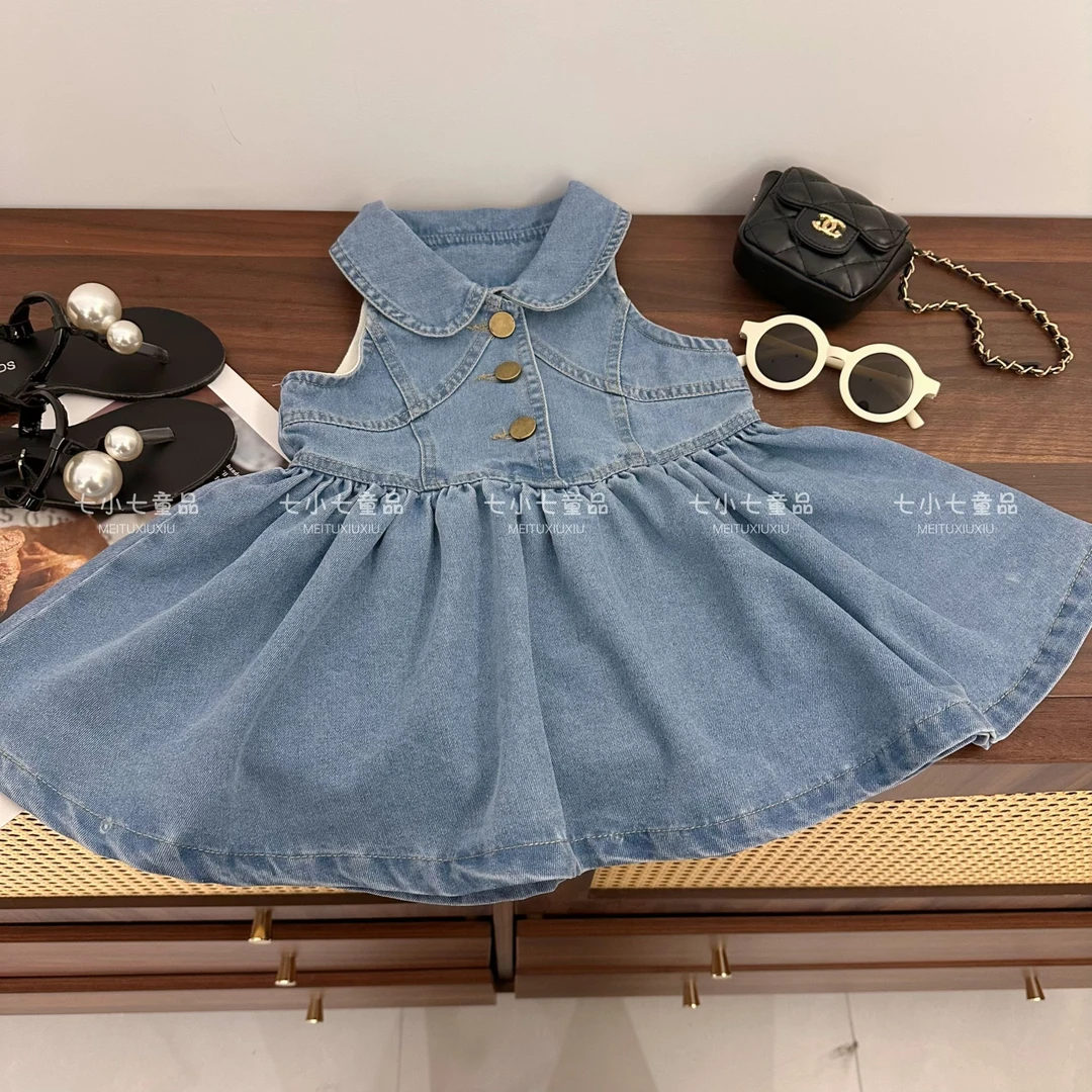 女童2025夏季洋气新品韩系娃娃领大裙摆柔软牛仔连衣裙C23105