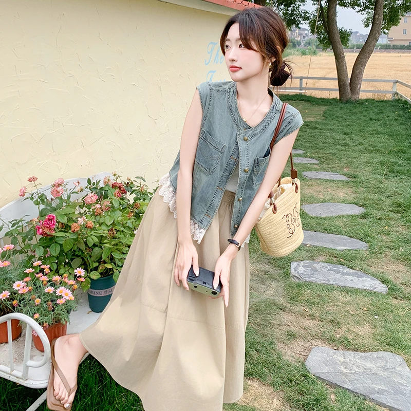 蕾丝边牛仔马甲半身裙两件套女夏爆款独特绝美韩系休闲ootd一整套