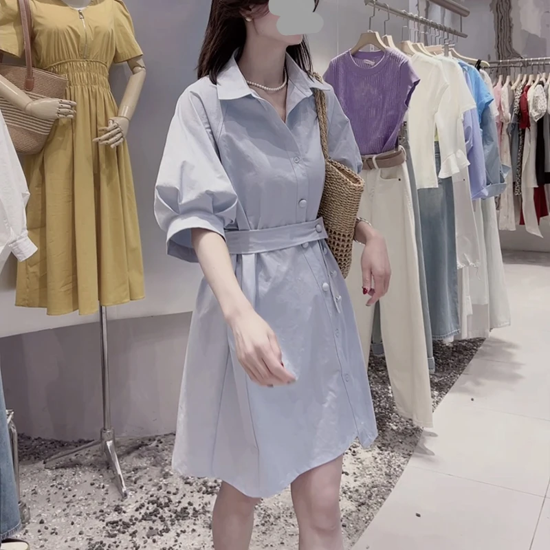 2025夏季新款Polo衬衫连衣裙显瘦收腰百搭带腰带衬衣裙女气质休闲