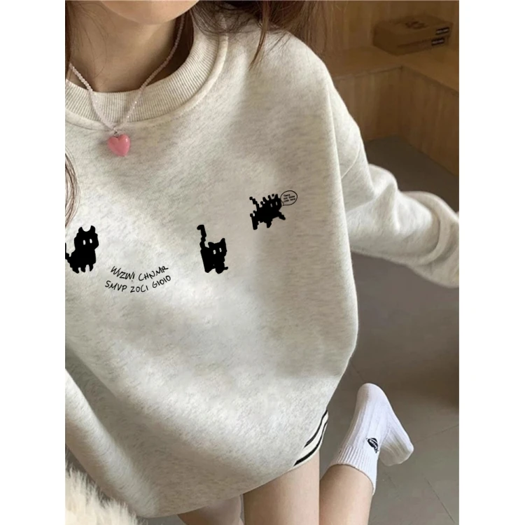 纯棉白灰色圆领卫衣女无帽2025秋冬新款加绒加厚美式宽松套头上衣