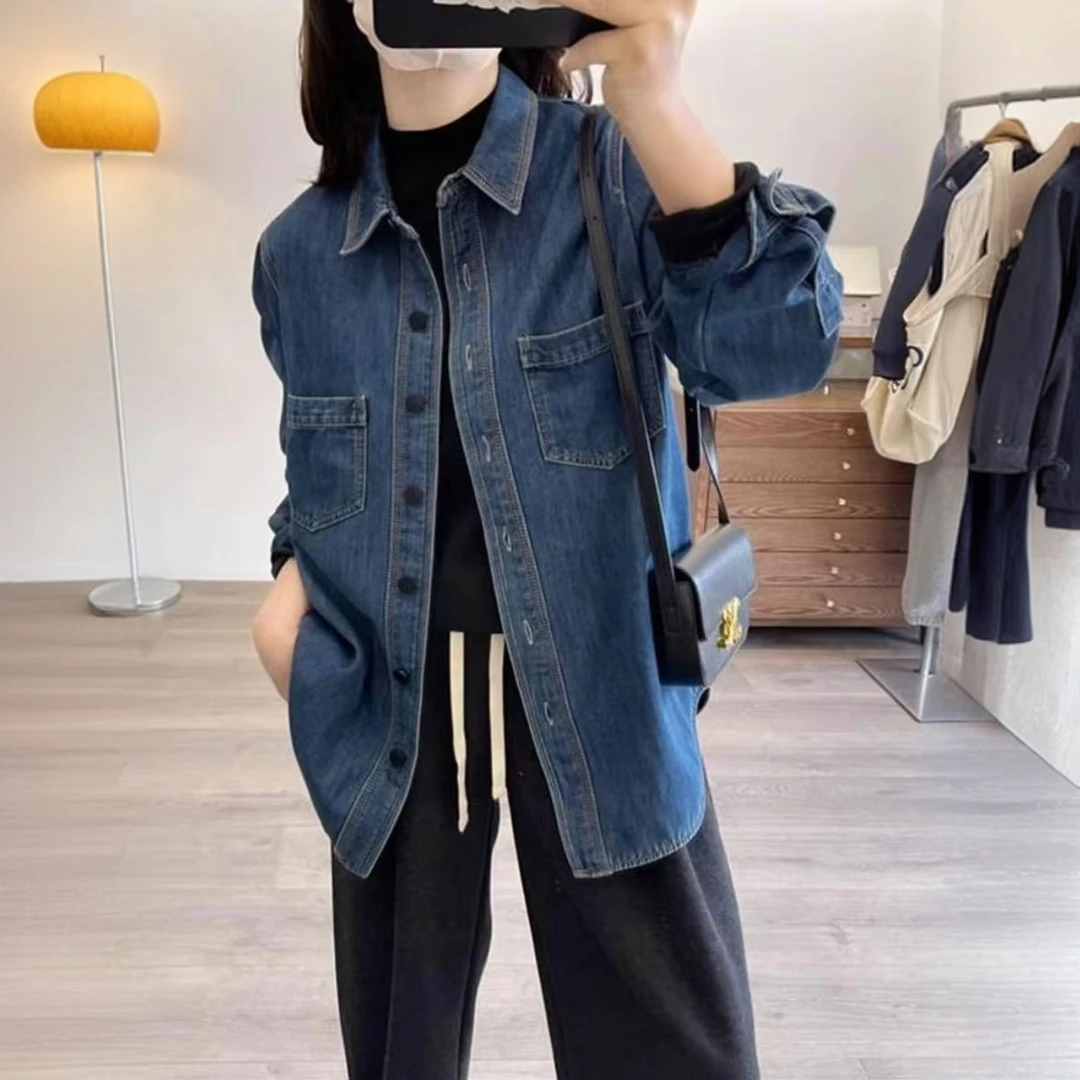 简约叠穿蓝色复古加绒牛仔衬衫女2025春秋新款休闲百搭衬衣外套潮