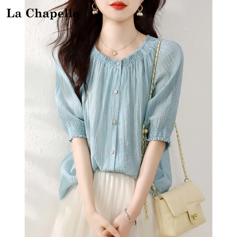 La Chapelle/无货夏季通勤女式衬衫空气感泡泡纱灯笼袖衬衣