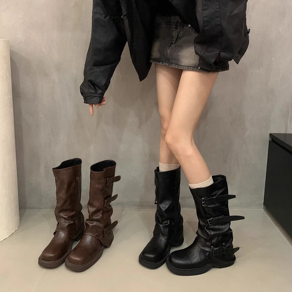 时尚轻奢厚底百搭中骑士靴西部春季堆堆靴骑士靴高跟马丁靴法式女