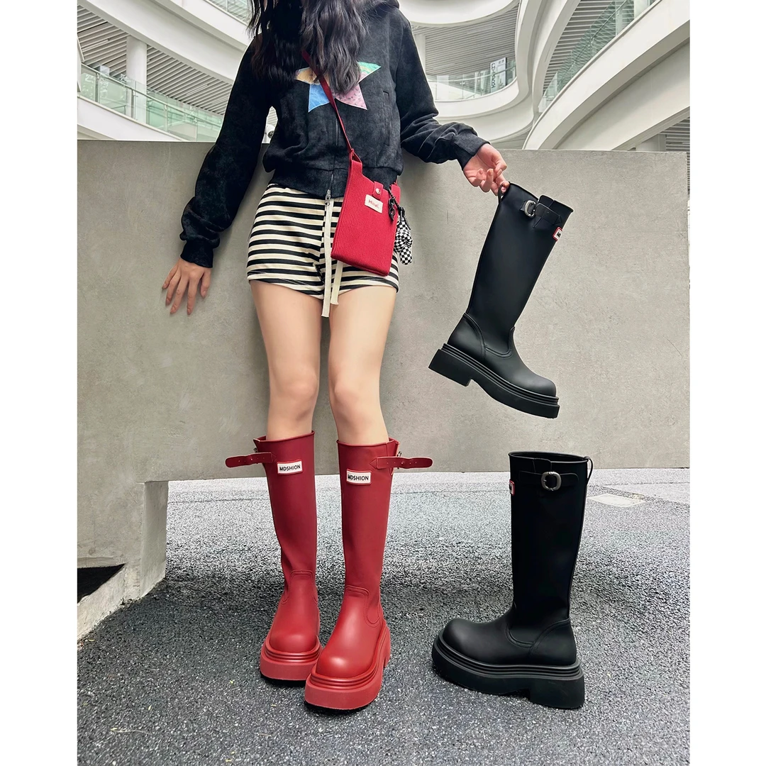 厚底防滑高筒红色雨靴子2025户外露营雨鞋不过膝旅游长筒靴骑士靴