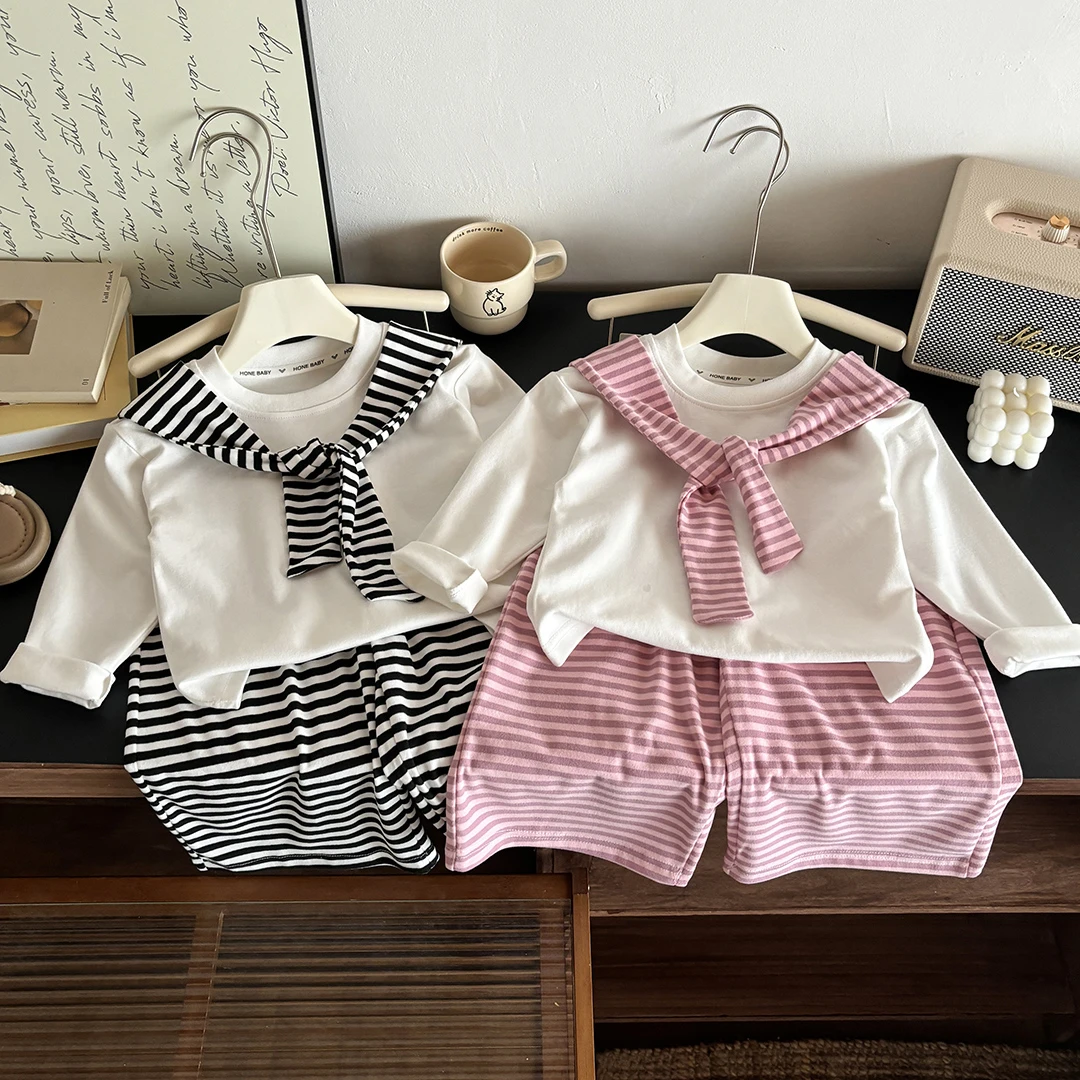 【亲子】儿童春秋季2025新款男女童条纹披肩长袖长裤阔腿裤两件套