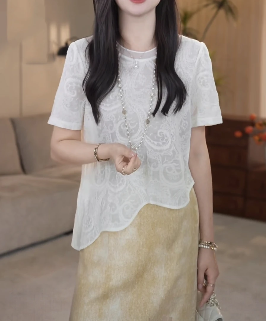巨好看不规则蕾丝罩衫上衣女2025夏季新款小众设计感气质百搭T恤