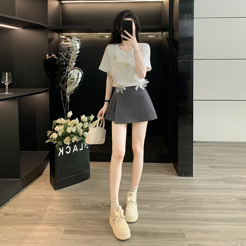 立体刺绣短袖t恤女正肩修身短款上衣包臀短裙辣妹半身运动裤裙子