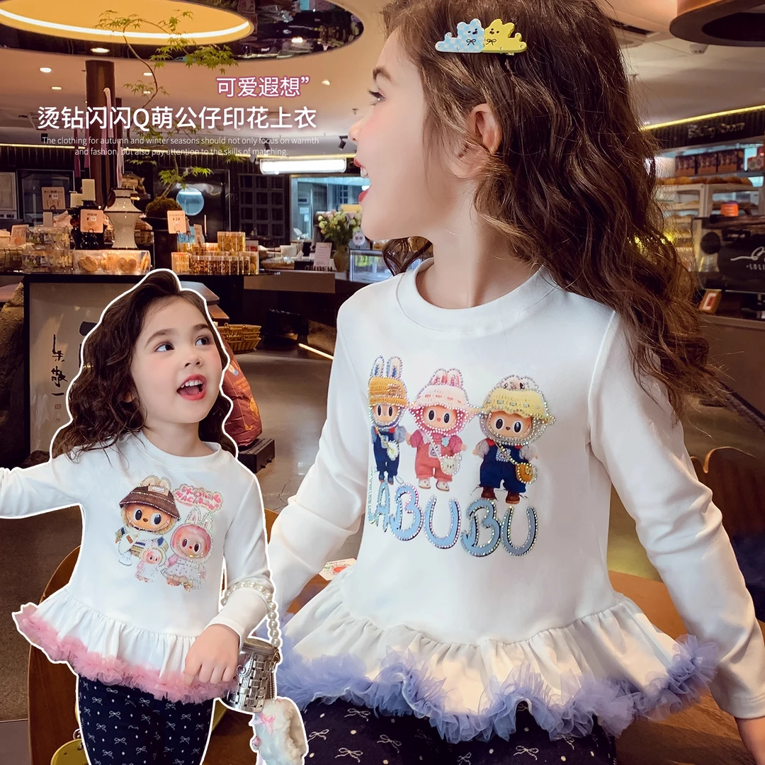 女童长袖T恤秋装2025新款儿童芭蕾风上衣洋气女孩卡通印花打底衫