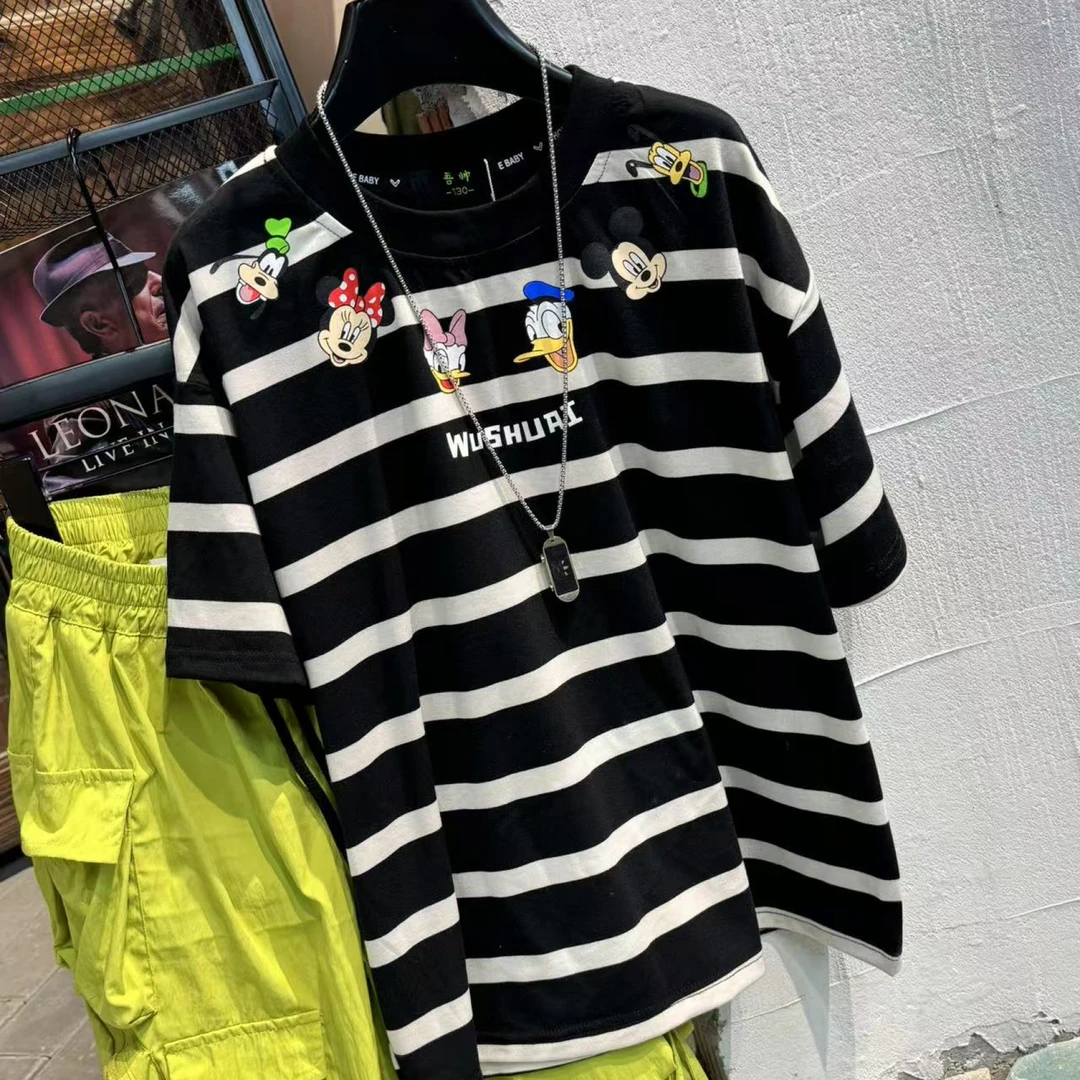 吾 2025【Y】4月6日 儿童男童女童时尚黑色米奇条纹T恤5197-