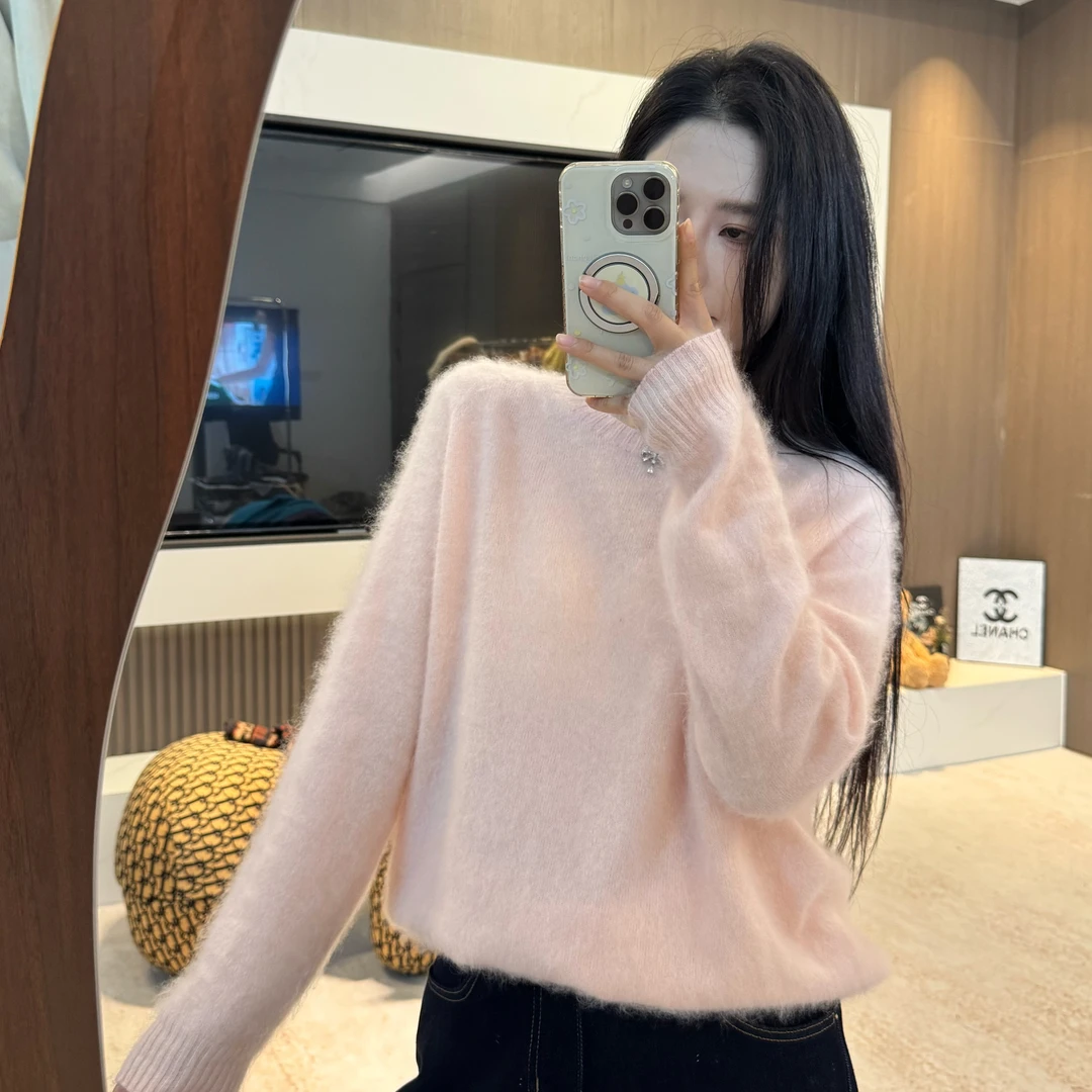 宿慕SUMU山羊绒毛茸茸圆领针织衫10-14气质色彩穿搭简约毛衣7767