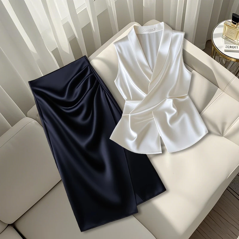2025夏季新款法式设计感洋气气质无袖上衣简约百搭半身裙两件套装