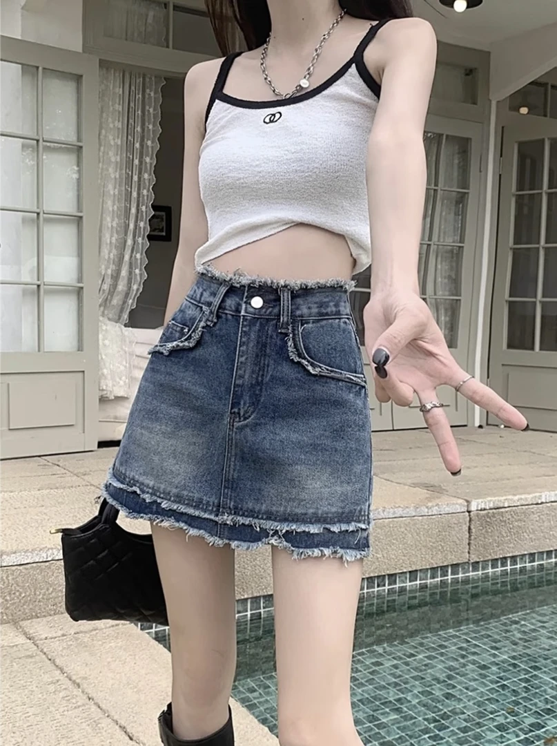 8125#高腰毛边短裙，毛边短裤