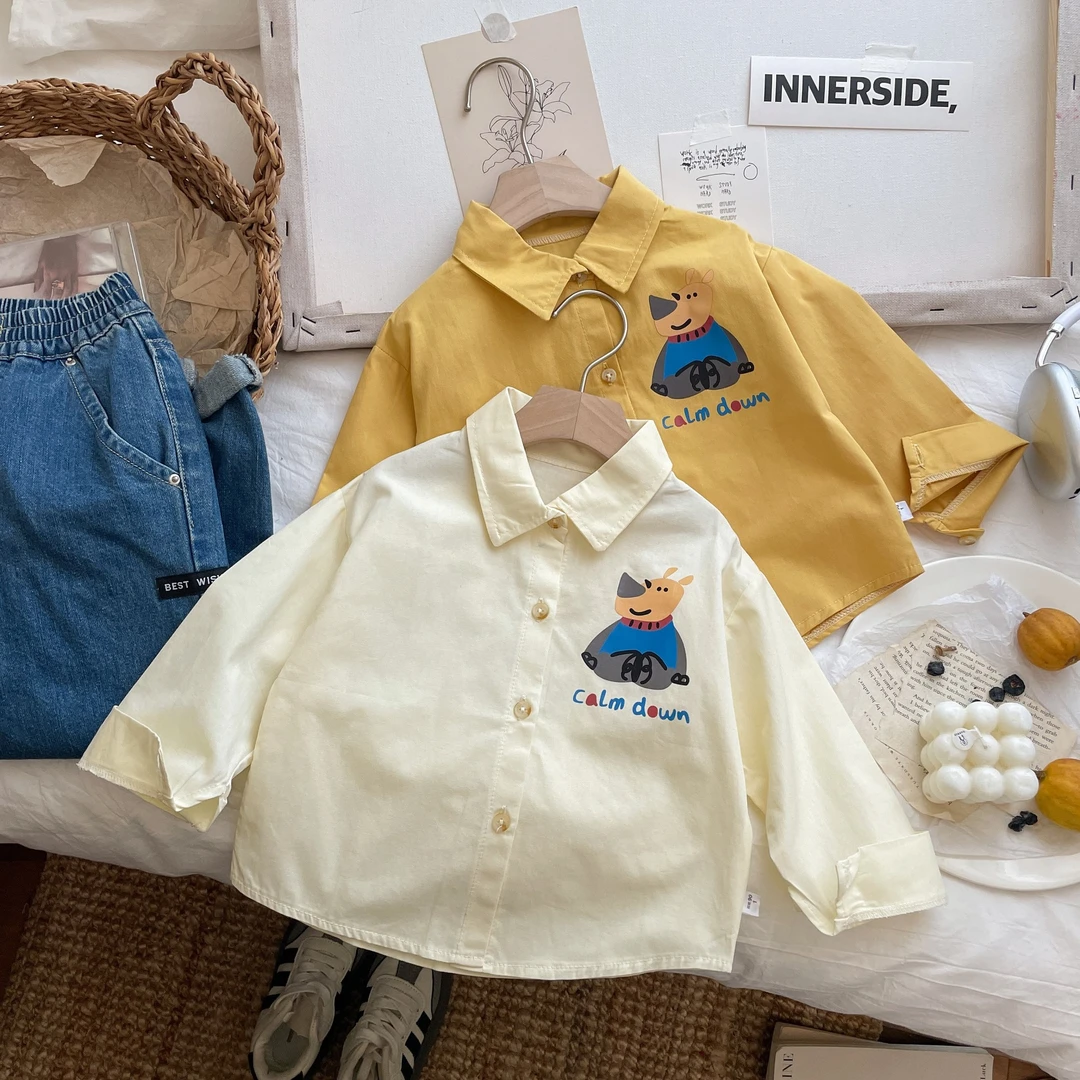 儿童衬衣春夏宝宝纯棉开衫纯色卡通男女童翻领中小童休闲衬衫