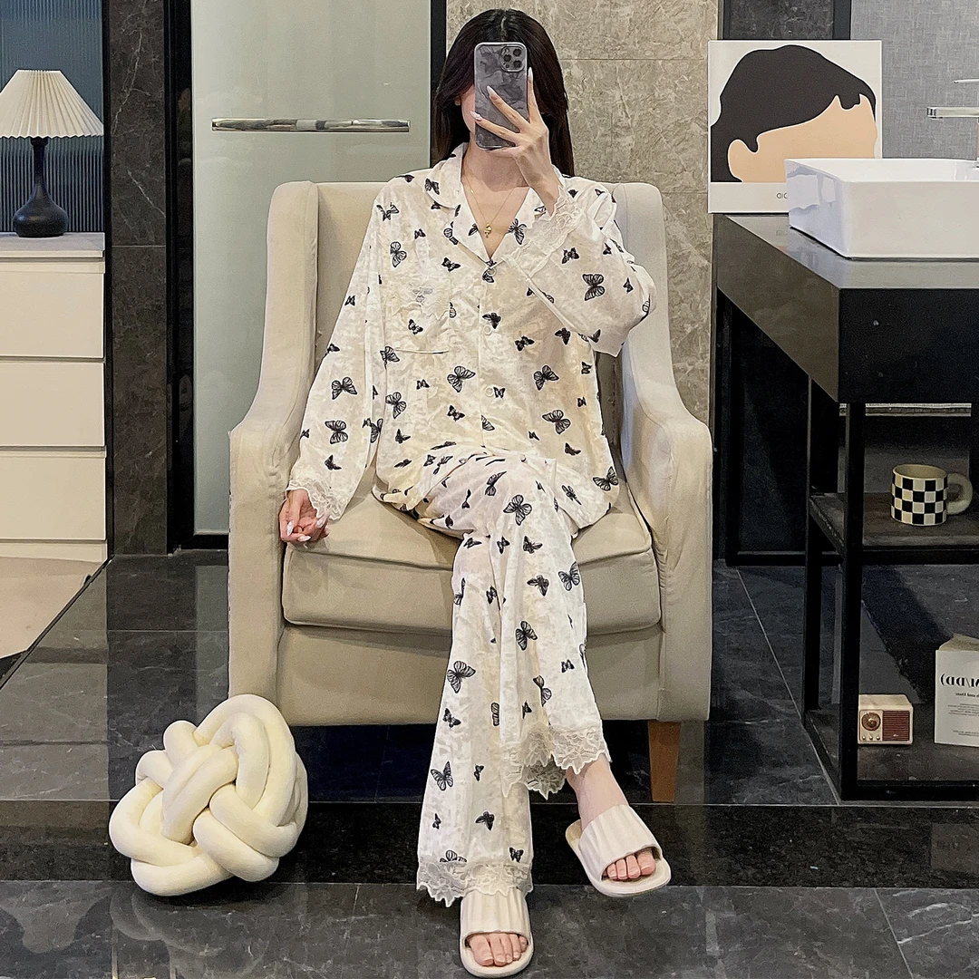 金丝绒睡衣女春秋季长袖开衫保暖冬天高级感可外穿蝴蝶套装家居服