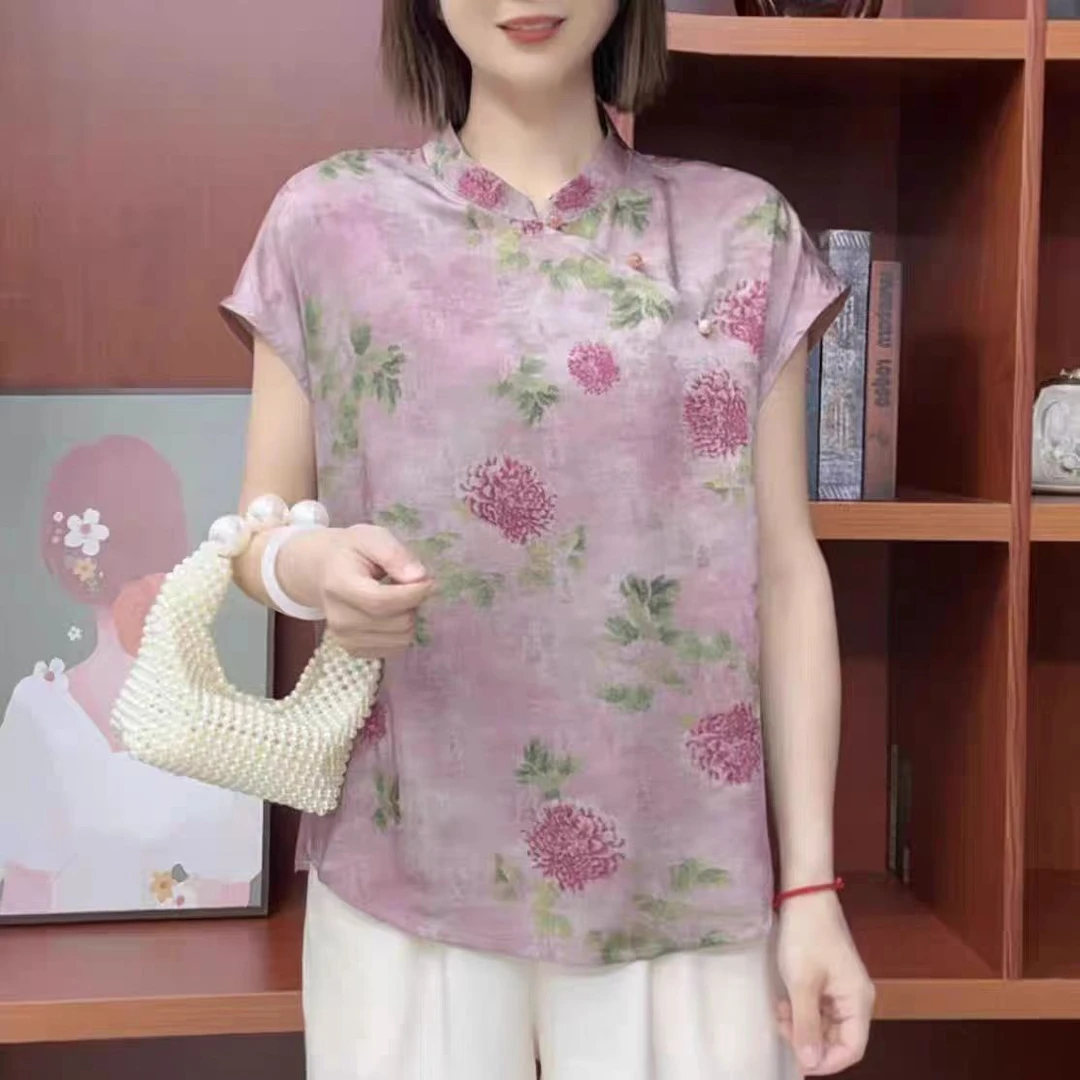 K507  斜襟双层显瘦上衣新中式碎花拼接薄款中国风立领短袖